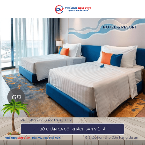 Bộ chăn ga gối khách sạn Việt Á vải Cotton T250 sọc trắng 3cm 1-1